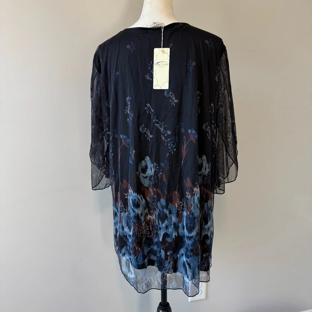 Dark Cottagecore Sheer Floral Flutter Sleeve Tunic Whimsical Flowy Top 3XL - Picture 5 of 11